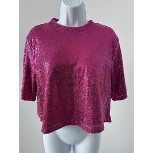NWT!  H&M Fuchsia Hot Pink Sz: M Sequin Crop Tee Top (b53)